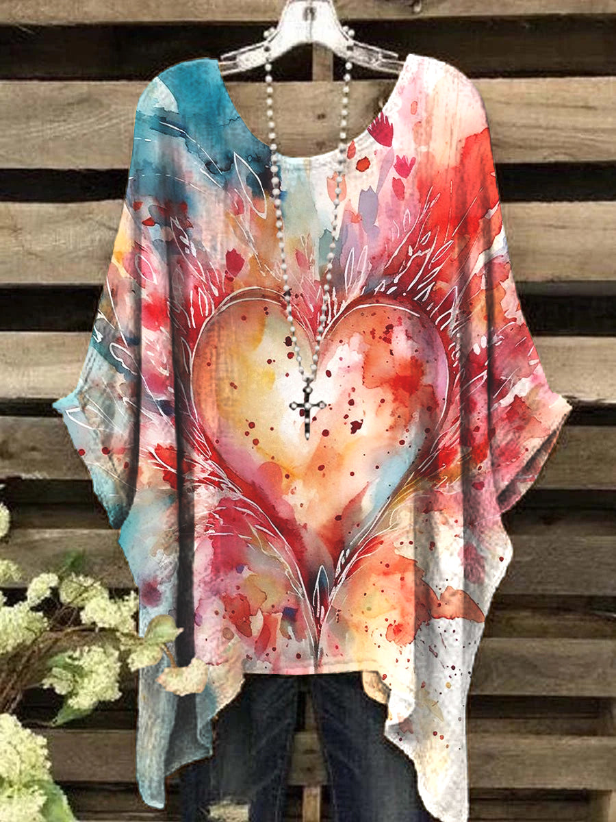 Women's Vintage Watercolor Heart Pattern Round Neck Top