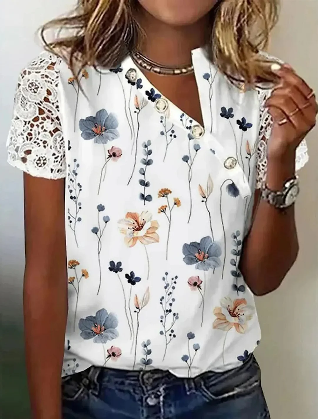 Women's Printed Lace Short Sleeved T-shirt
