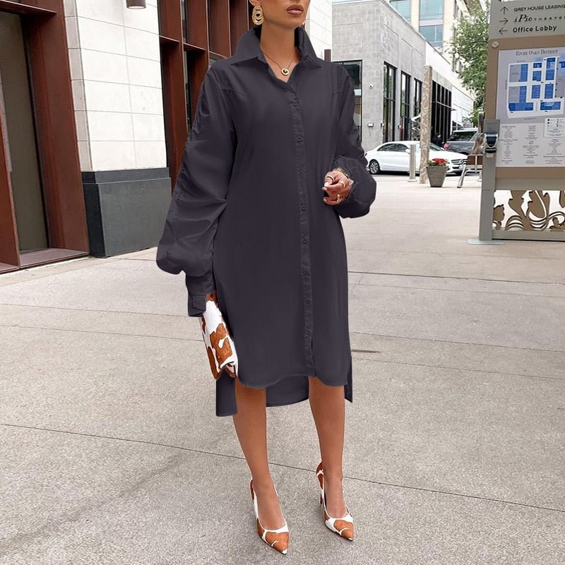 Autumn Dress VONDA 2022 Casual Lapel Collar Asymmetric Hem Solid Party Vestidos Women Long Sleeve Pleated Dresses Femme Robes