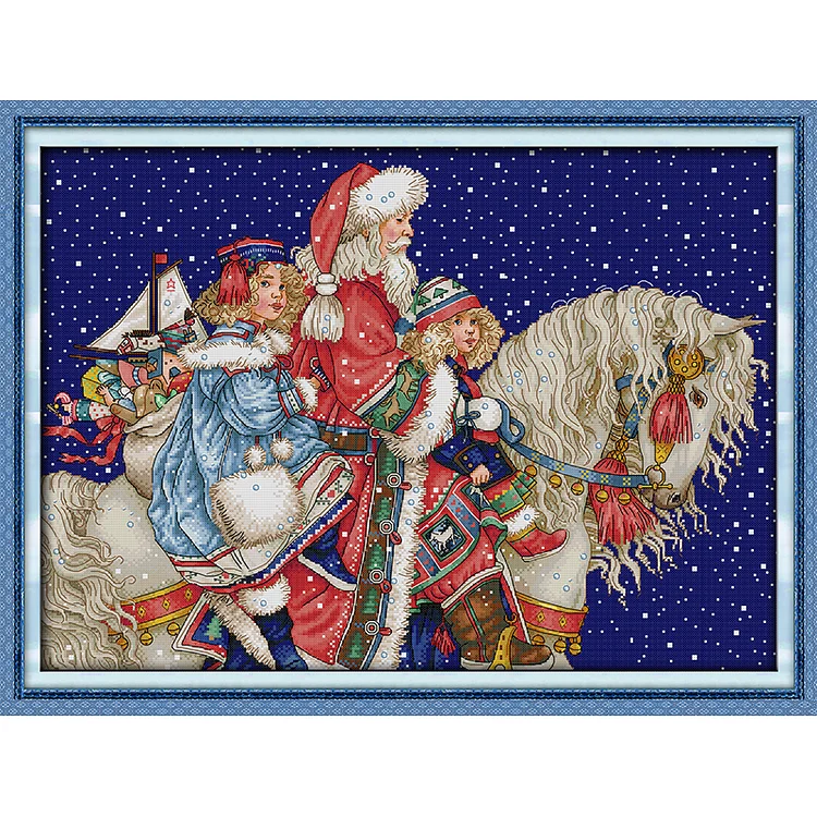 Joy Sunday Christmas Santa Claus And Child On Horseback 14CT Stamped Cross Stitch 62*47CM