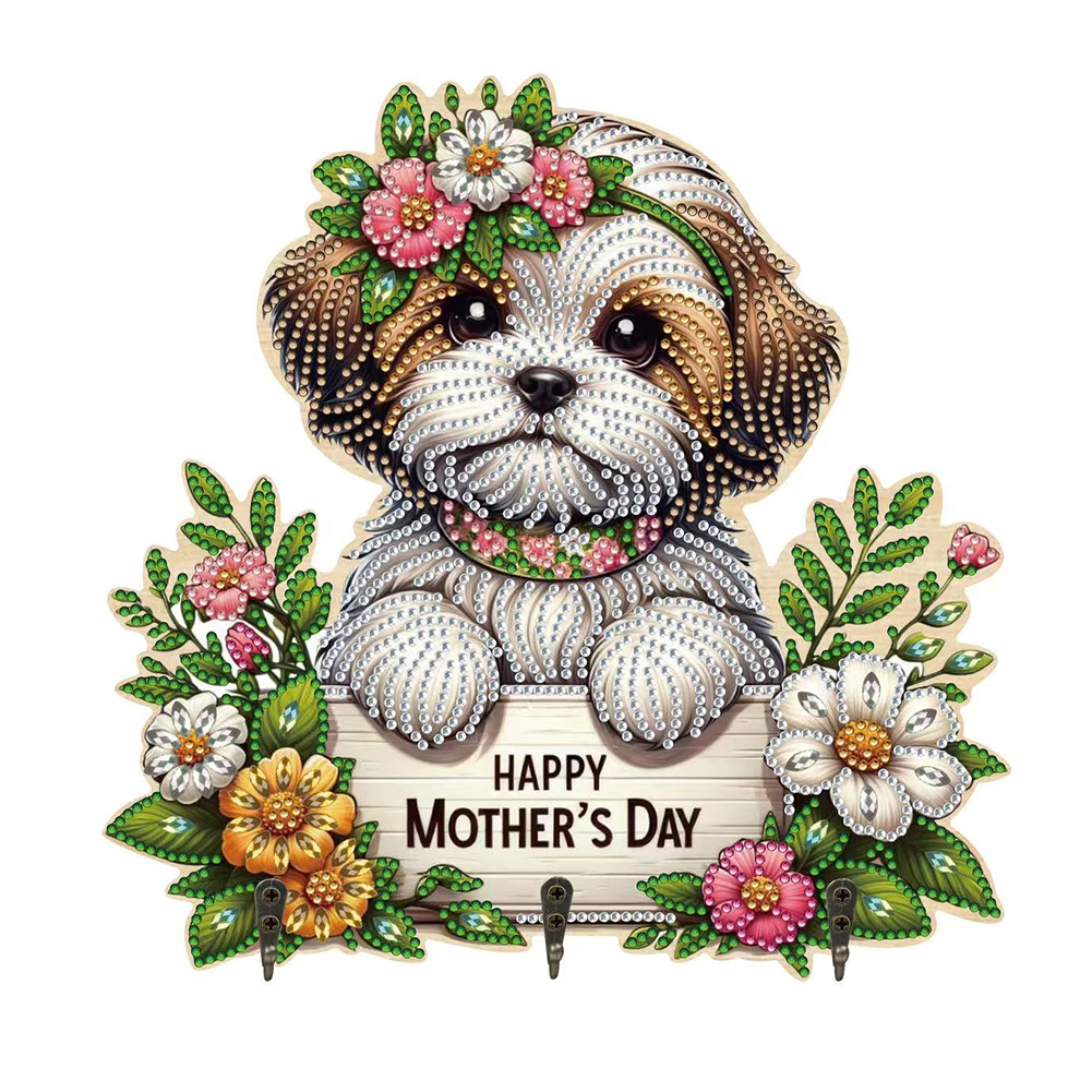Wooden Shih Tzu DIY Diamond Art Craft Wall Hooks A Row of 3 Hooks for Beginners