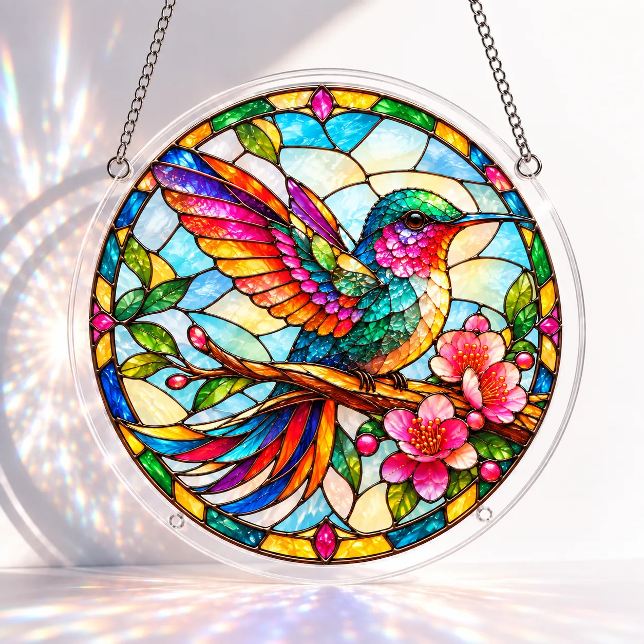 Rainbow Hummingbird Blossom Stained Glass Suncatcher Puzzle