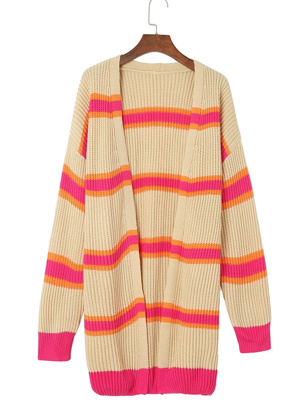 Ribbed Knit Long Cardigan with Striped Print
