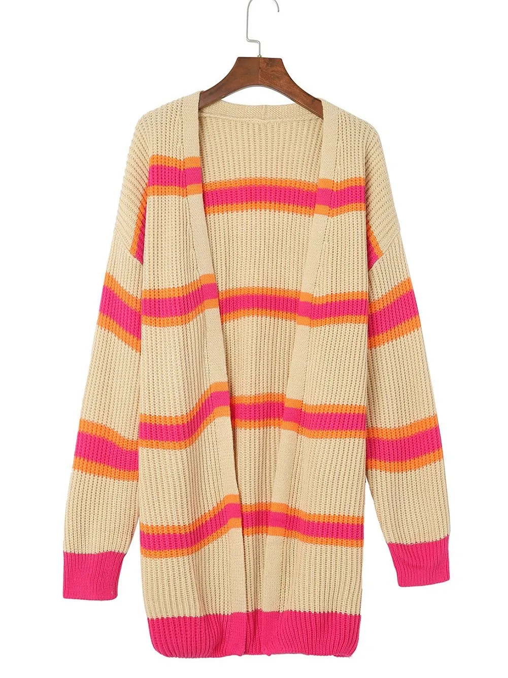 Ribbed Knit Long Cardigan with Striped Print