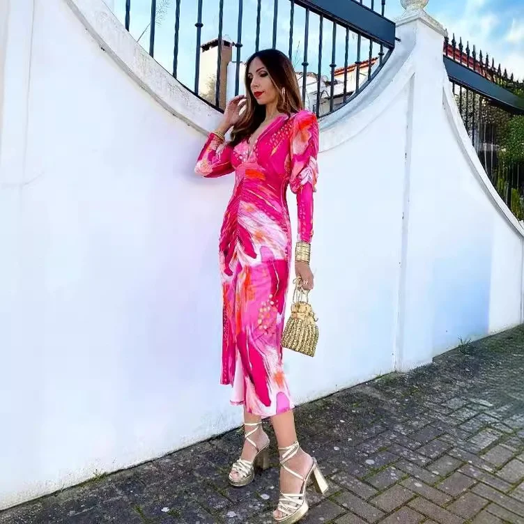 Nigikala Nigikala Women's Explosive Folded Print Long-Sleeved Dress With Thin Fashion Temperament