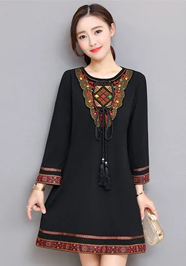 2018 Spring Print Embroidery Folk-Custom Empire Woman Dress Elegant Slim Black Female Dresses Plus Size 4XL Office Lady D82824C