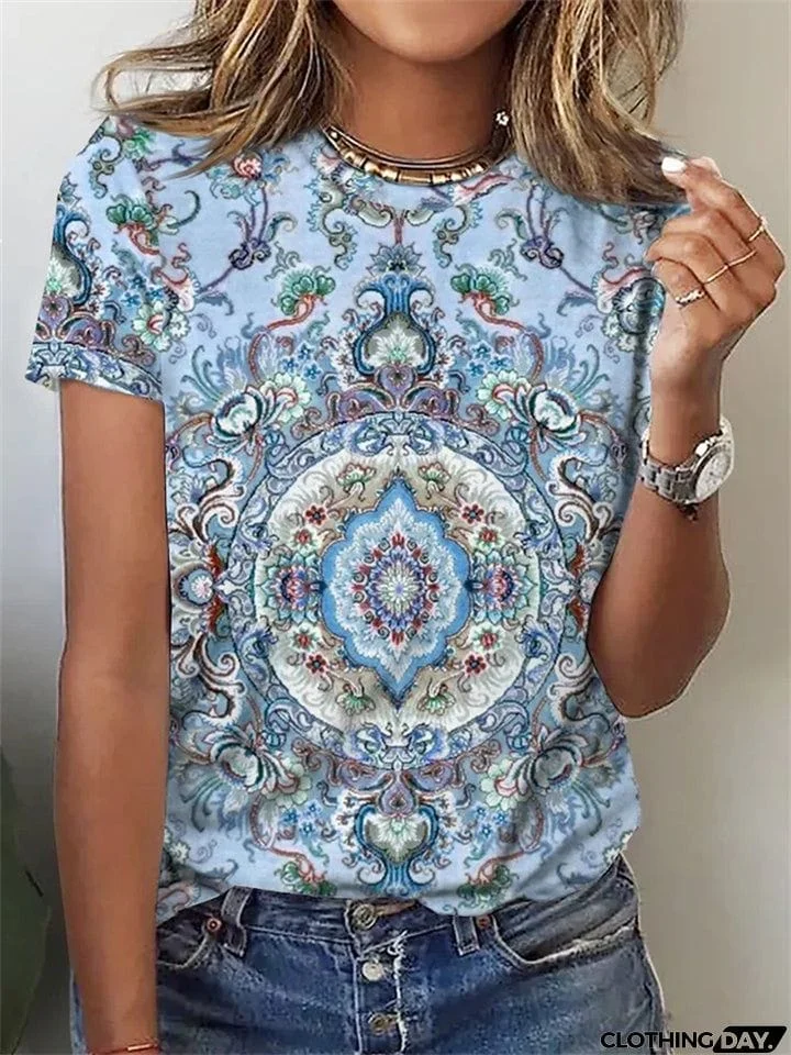 Bohemian Special Printed Round Neck Short Sleeve T-shirt for Women