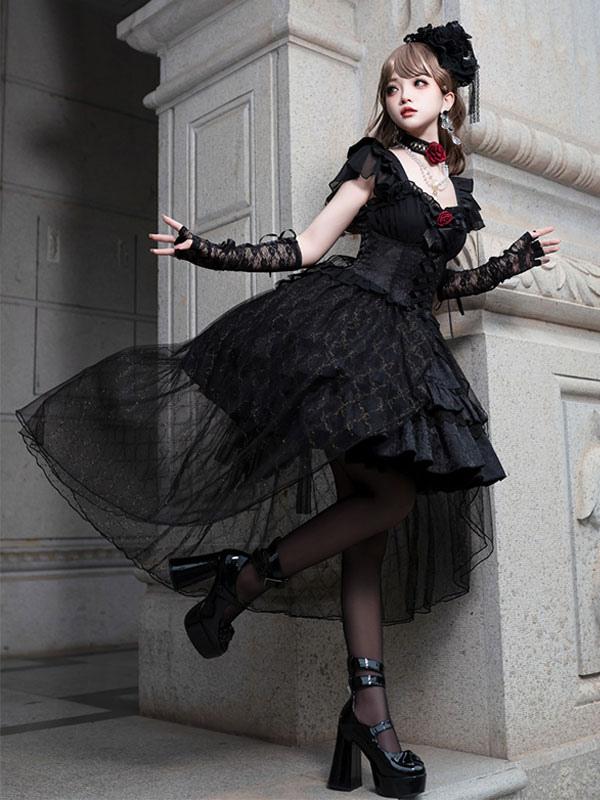 Gothic Black Lace Elegant Jacquard Lolita Dress 