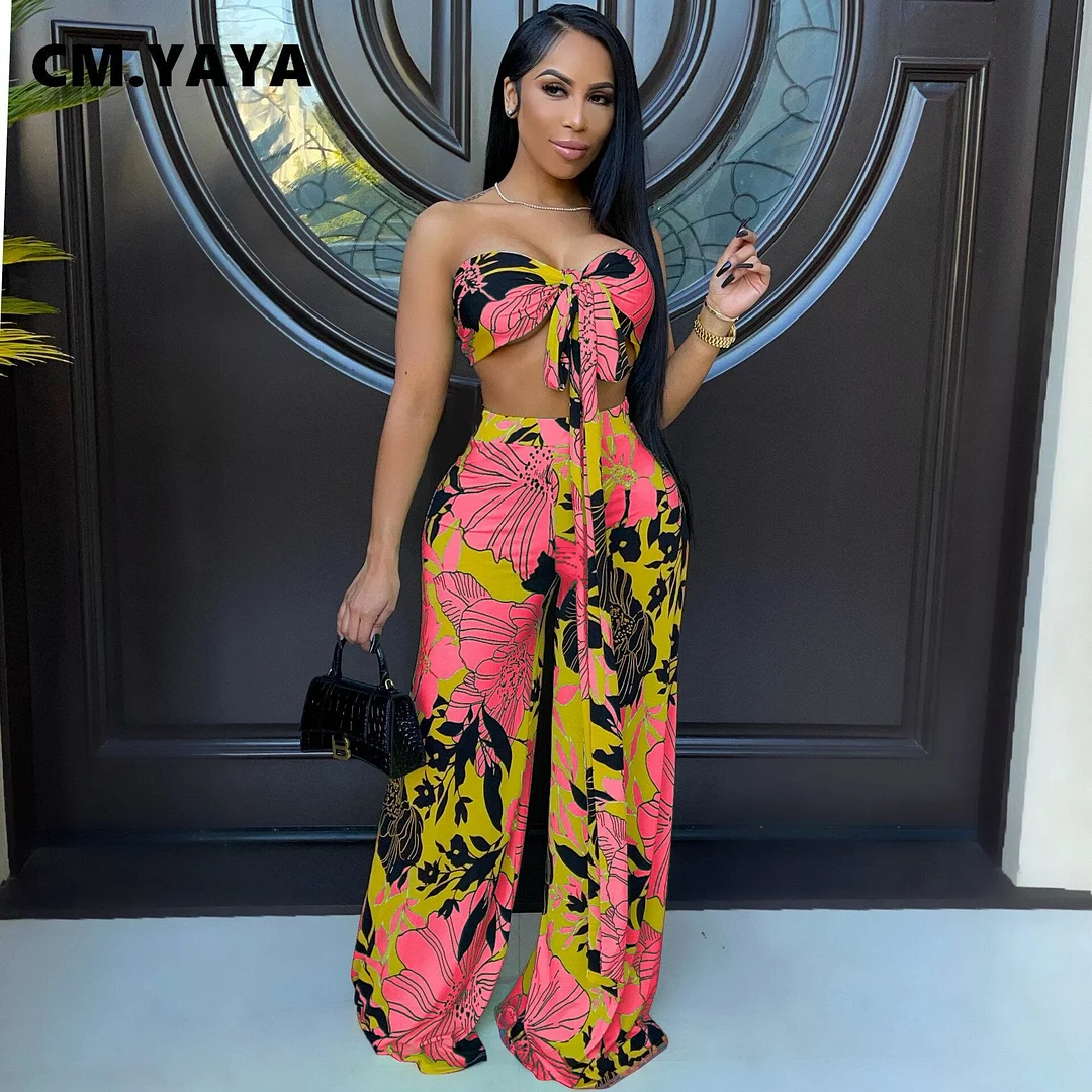CM.YAYA Women Set Print Sleeveless Strapless Bandage Crop Tops Wide Leg Pants 2 Two Piece Sets Casual Fashion Streetwear Summer