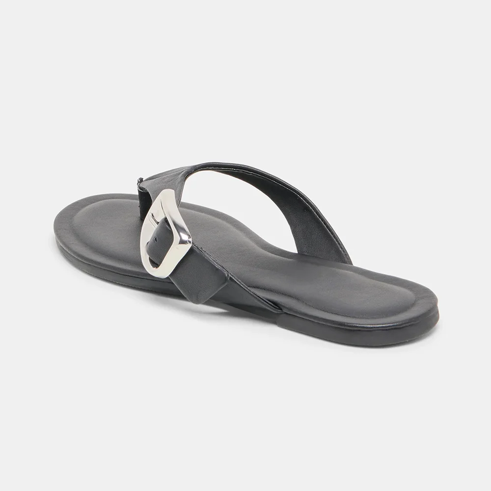 Vegan Leather Open Toe Buckle Flip Flop Black Sandals for Women