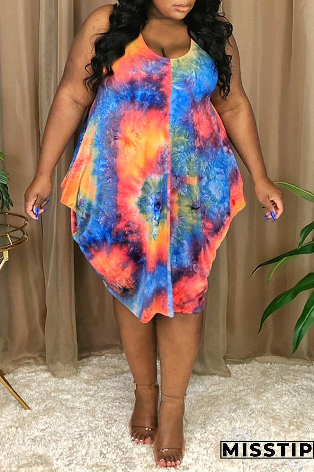 Red Fashion Casual Print Tie-dye Asymmetrical O Neck Vest Dress Plus Size Dresses