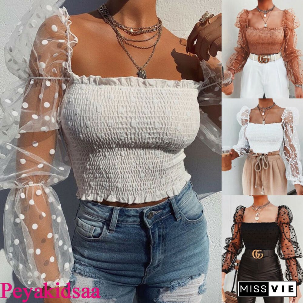 Sexy Women SquareNeck Lace See-through Polka Dot Puff Long Sleeve Elastic Crop Top Female Shirts Evening PartyClubwear
