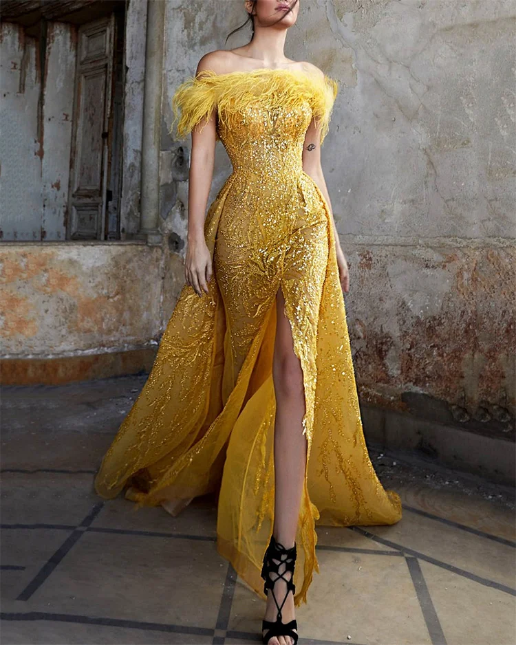 Women's Yellow Off-the-shoulder Slit Sequined Dress - 01