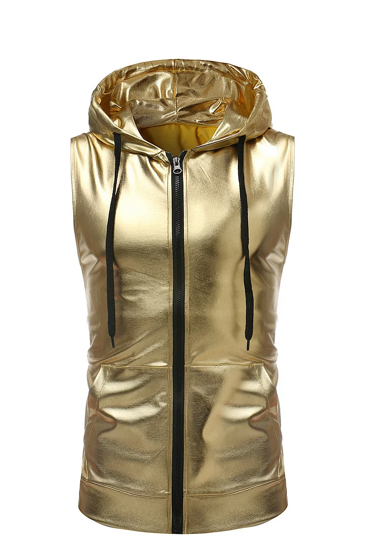 Metallic Hooded Zipper Sleeveless Jacket Tank Top
