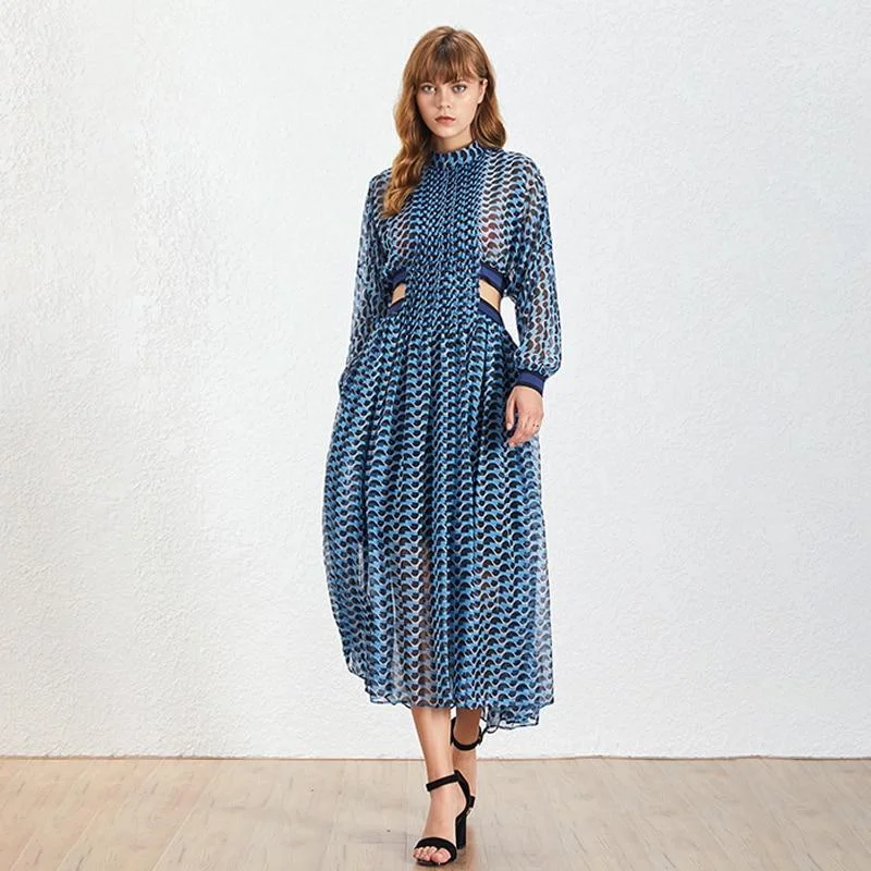 ABEBEY Vintage Hollow Out Dress For Female Stand Collar Long Sleeve High Waist Print Elegant Dresses Women 2023 Spring