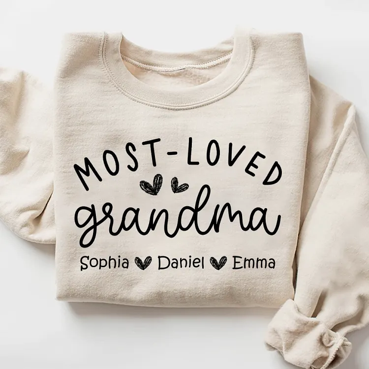 Custom Most Loved Grandma Sweatshirt with Grandchildren Names, Personalized Grandma Shirt with Hearts, Unique Gift for Grandmother