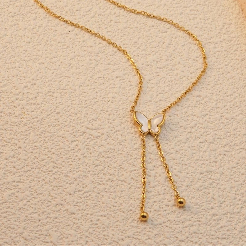 Sweet Minimalist Butterfly 304 Stainless Steel Acrylic Shell 18K Gold Plated Plating Butterfly Pendant Necklace