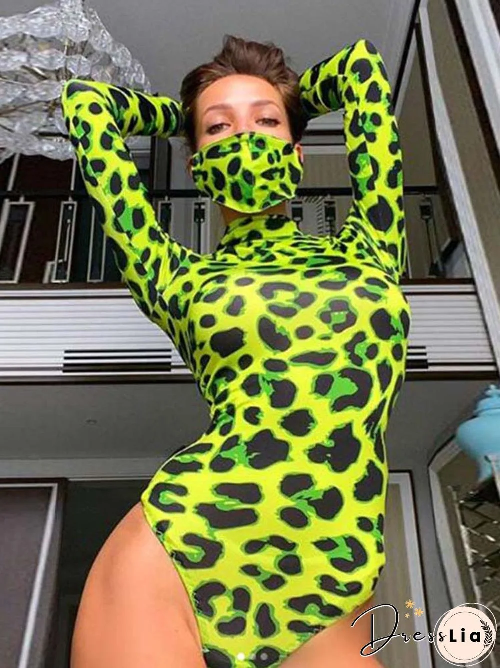 Women Long Sleeve Leopard Skin Prinetd Bodysuit Sexy Neon Green Streetwear Jumpsuit Skinny Leopard Tops Fashion Rompers