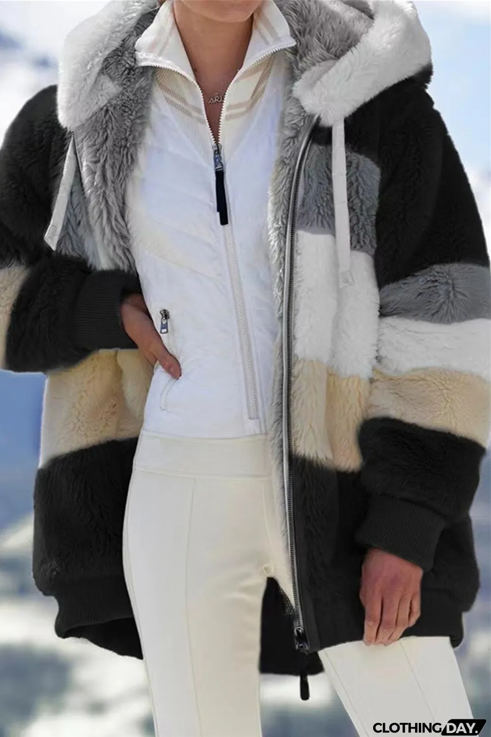 Black Fashion Casual Patchwork Zipper Hooded Collar Plus Size Overcoat