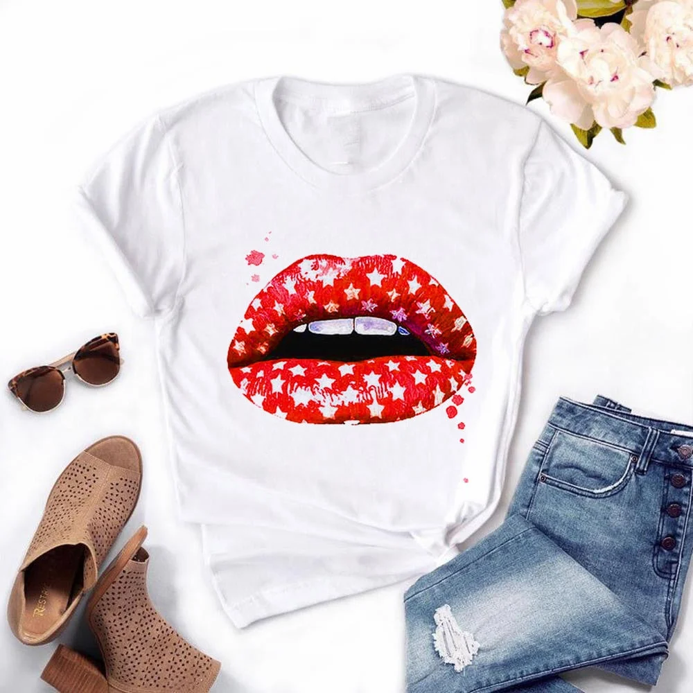 Fashion Women's Casual Sequins Red Lip T-Shirt Short Sleeve T-Shirts 2020 Vintage Creativity zipper Lips T-Shirt,drop ship