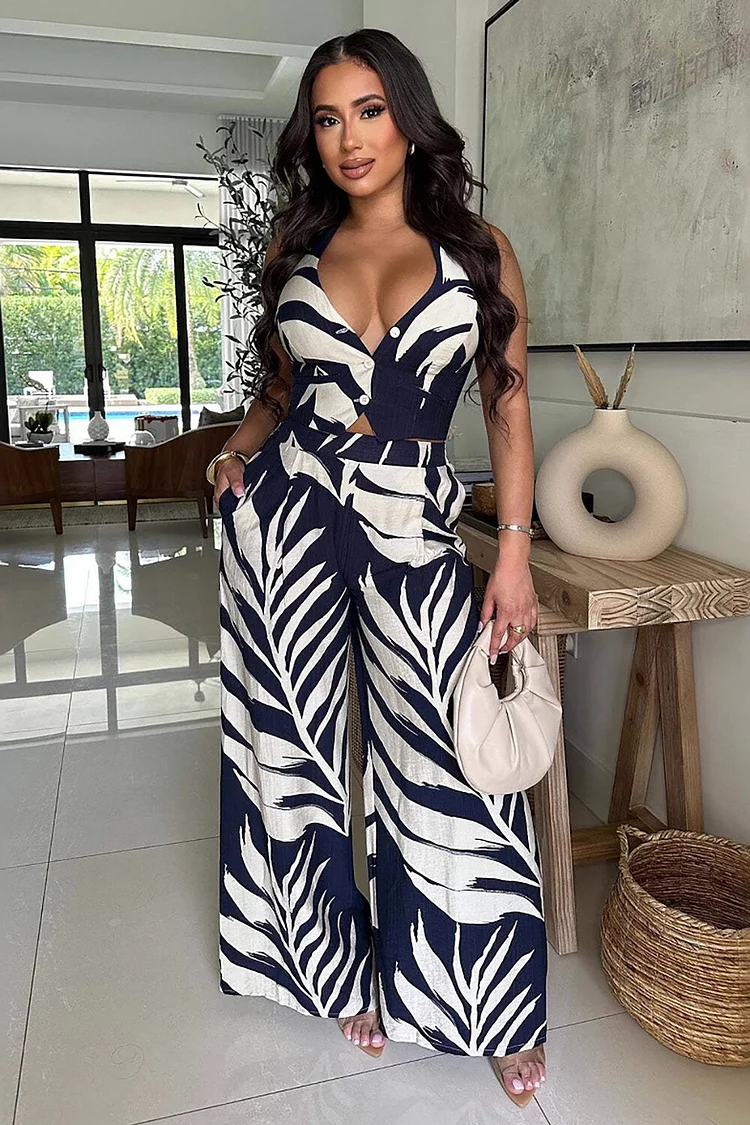Tropical Print Deep V Neck Halter Vest Wide Leg Pants 2pcs Set-Green