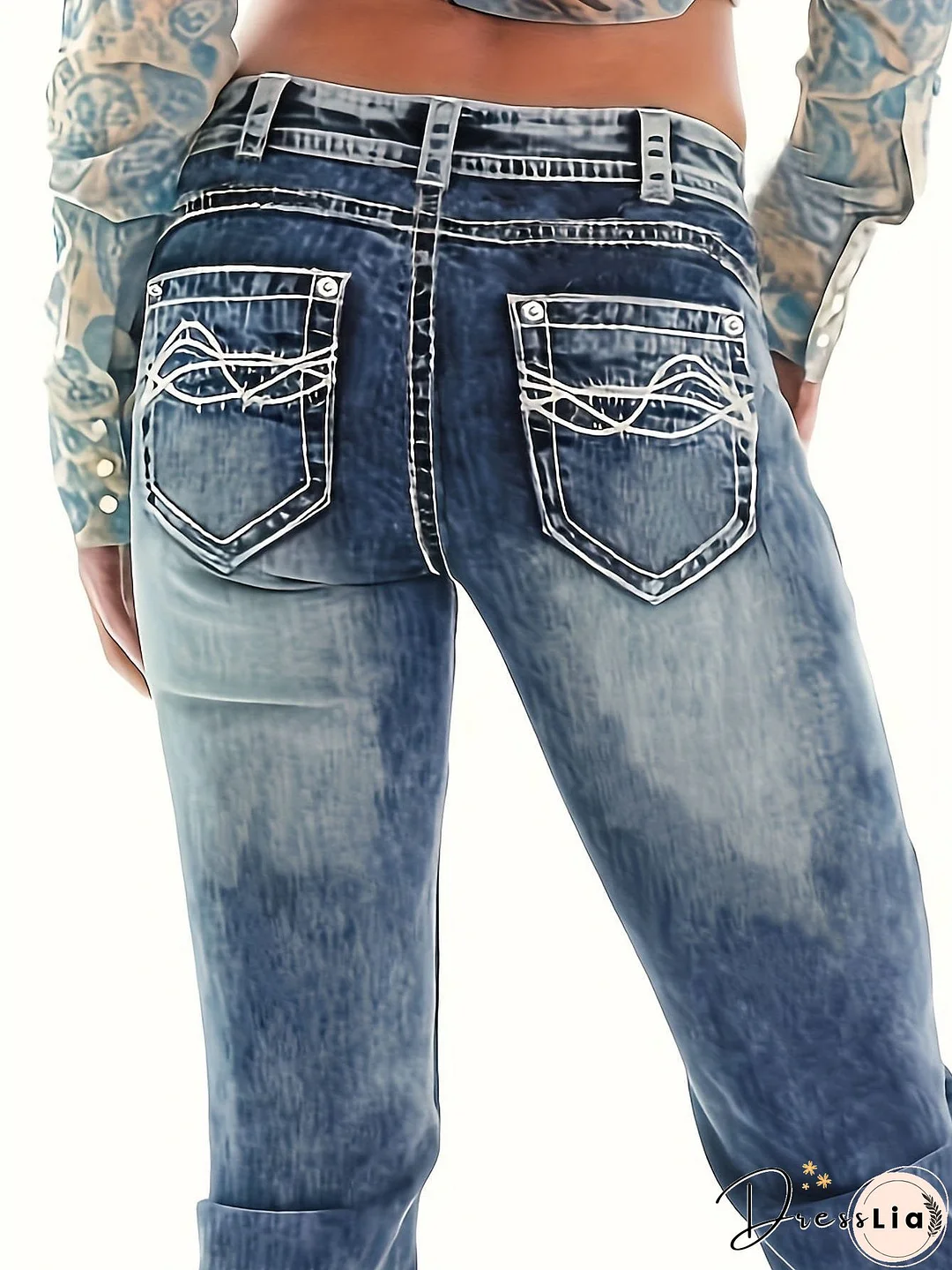 Vintage Ivory Top-Stitching Mid-Rise Boot Cut Denim Jeans