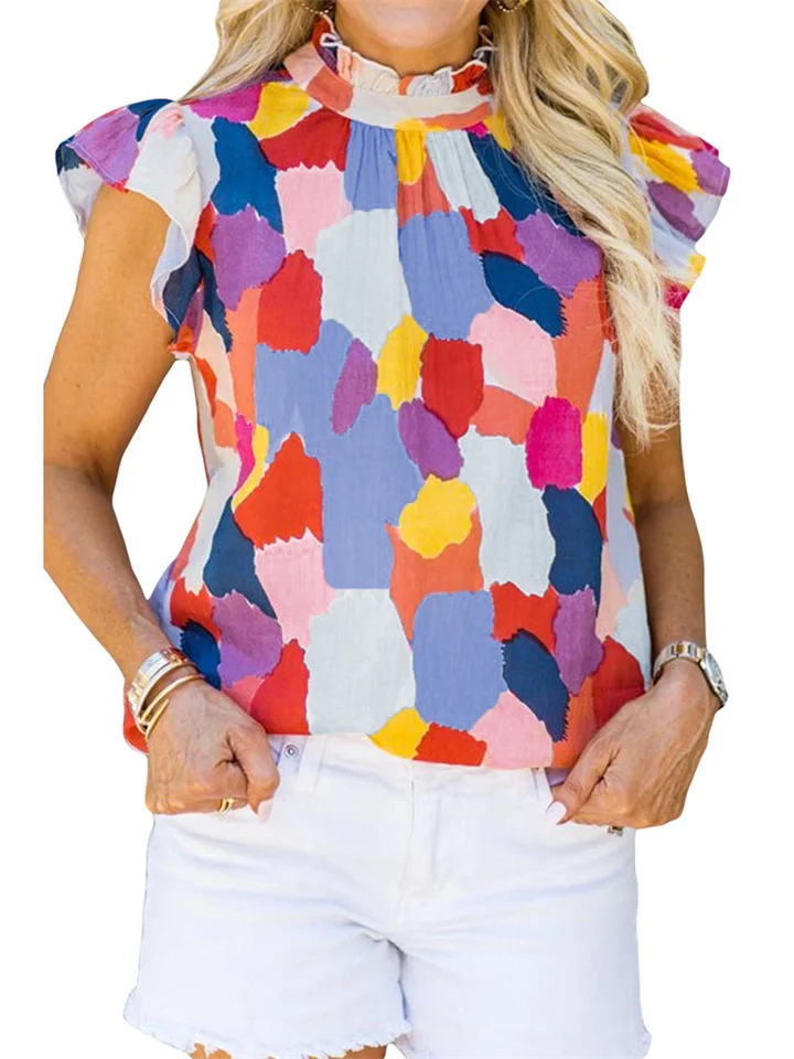 Color Block Printing and Dyeing Collision Color Short-sleeved T-shirt Female Fashion Versatile Outside Wear Street Style Tops