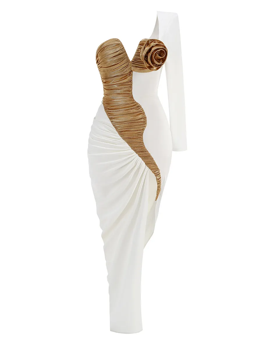 Brownm Autumn And Winter New Sleeves Hot Dress Three-Dimensional Flower Bag Tight-Up Fashion Dinner Dress Dress