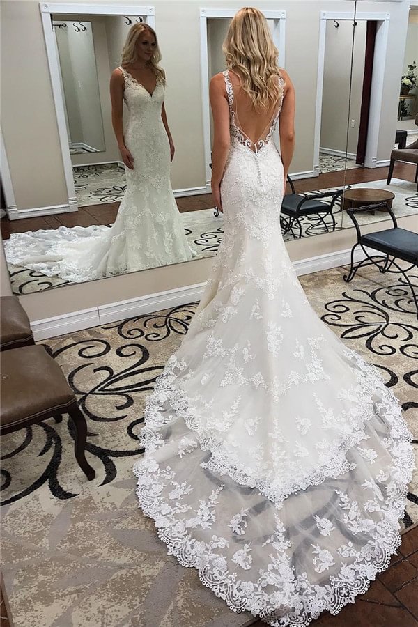 Fantastic Straps V-Neck Mermaid Backless Train Wedding Dress With Appliques | Ballbellas Ballbellas