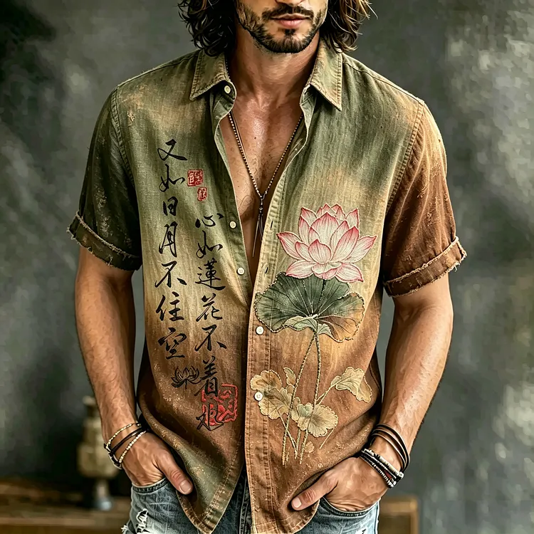 Men's Vintage Japanese Lotus Art Embroidered Linen Blend Short Sleeve Shirts