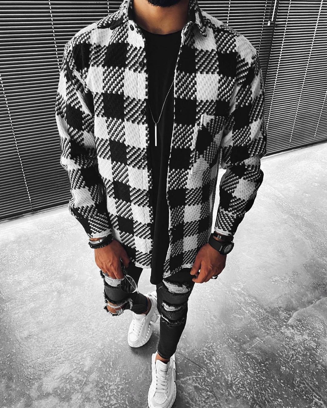 Casual Fashion Check Texture Button Long Sleeve Jacket
