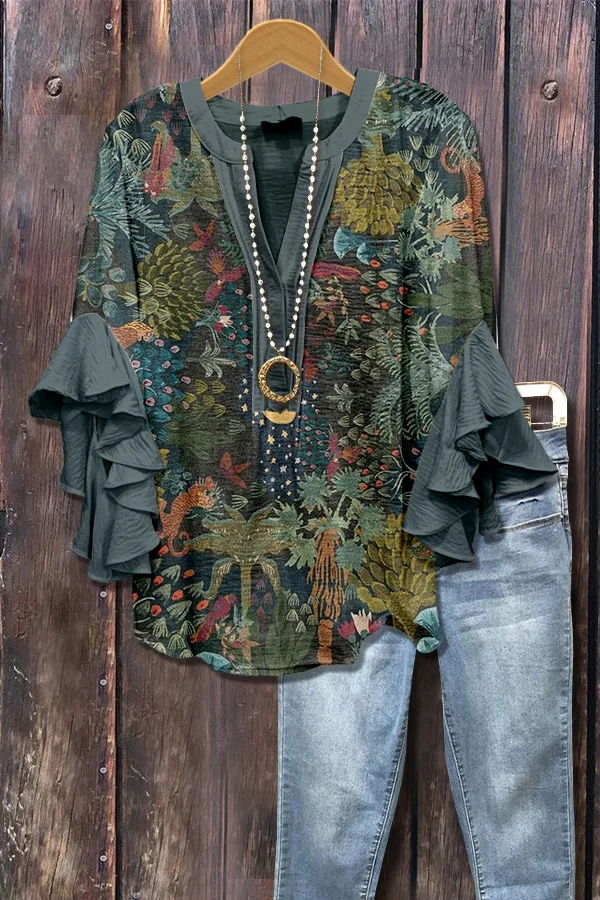 Vintage Botanical Print V-Neck Top