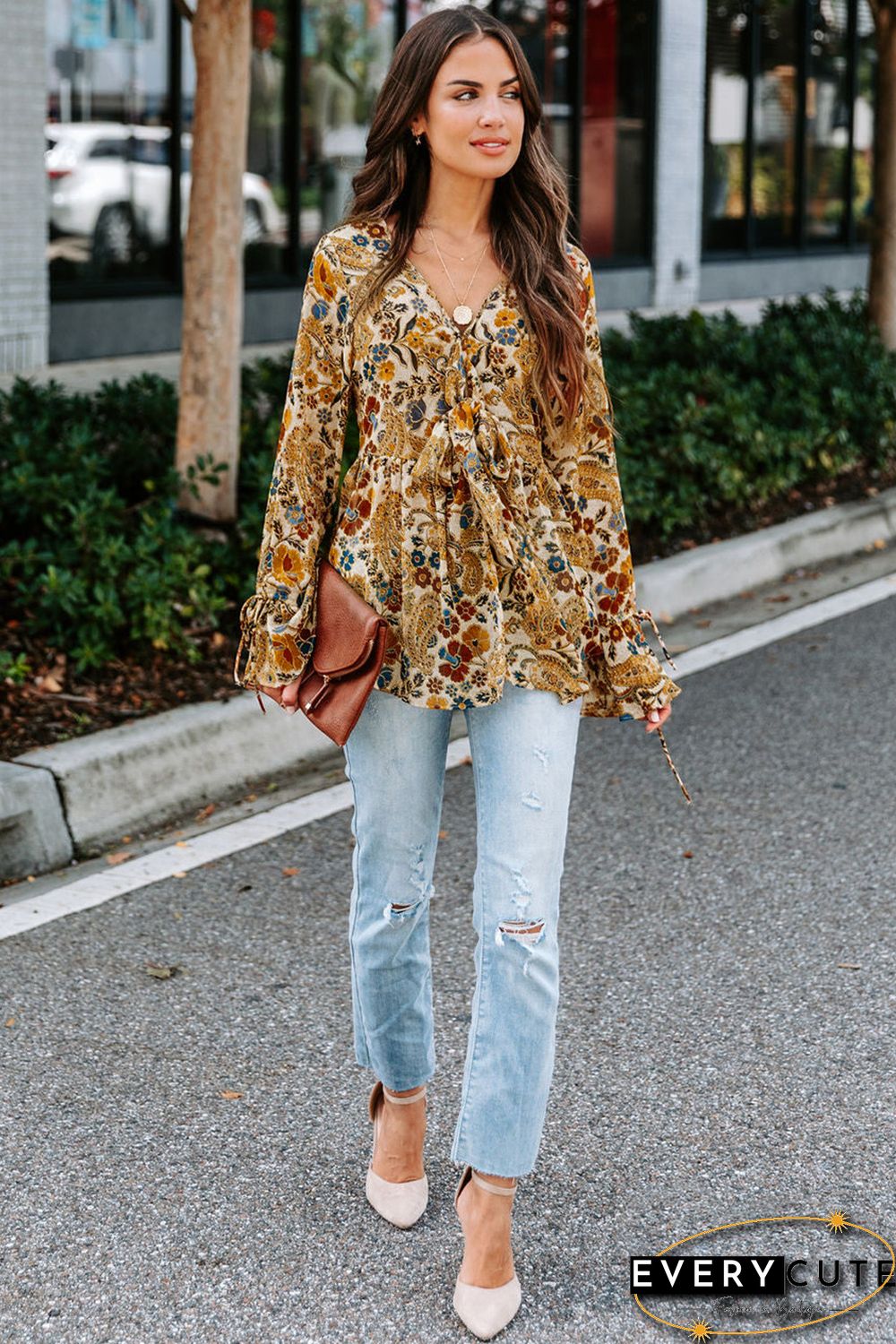 Multicolor Floral Printed Front Tie V Neck Blouse