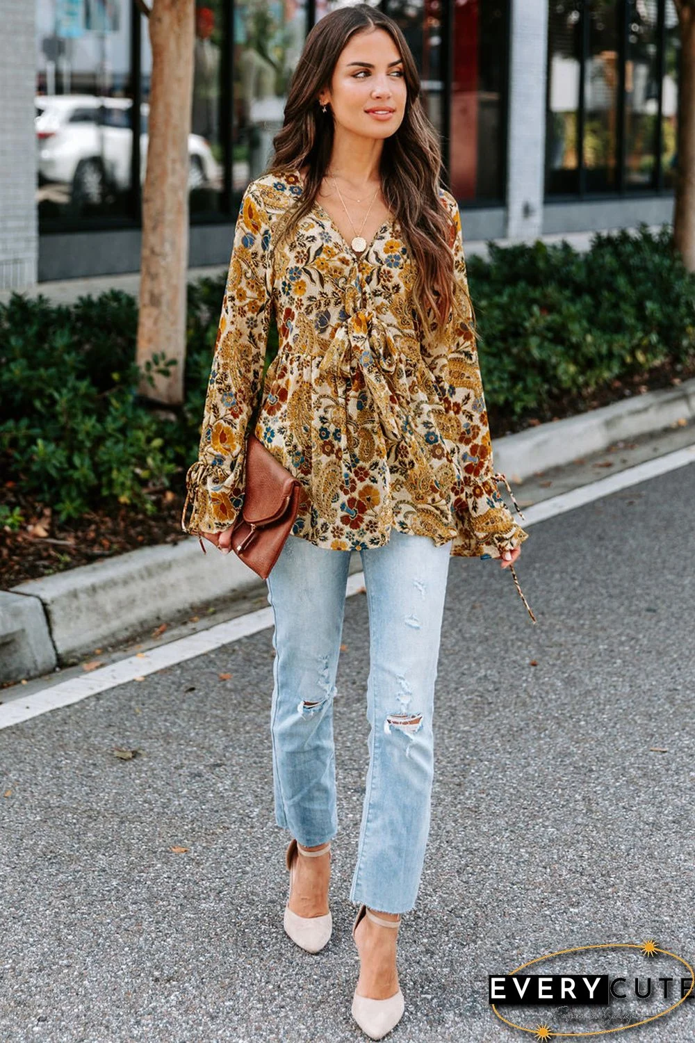 Multicolor Floral Printed Front Tie V Neck Blouse