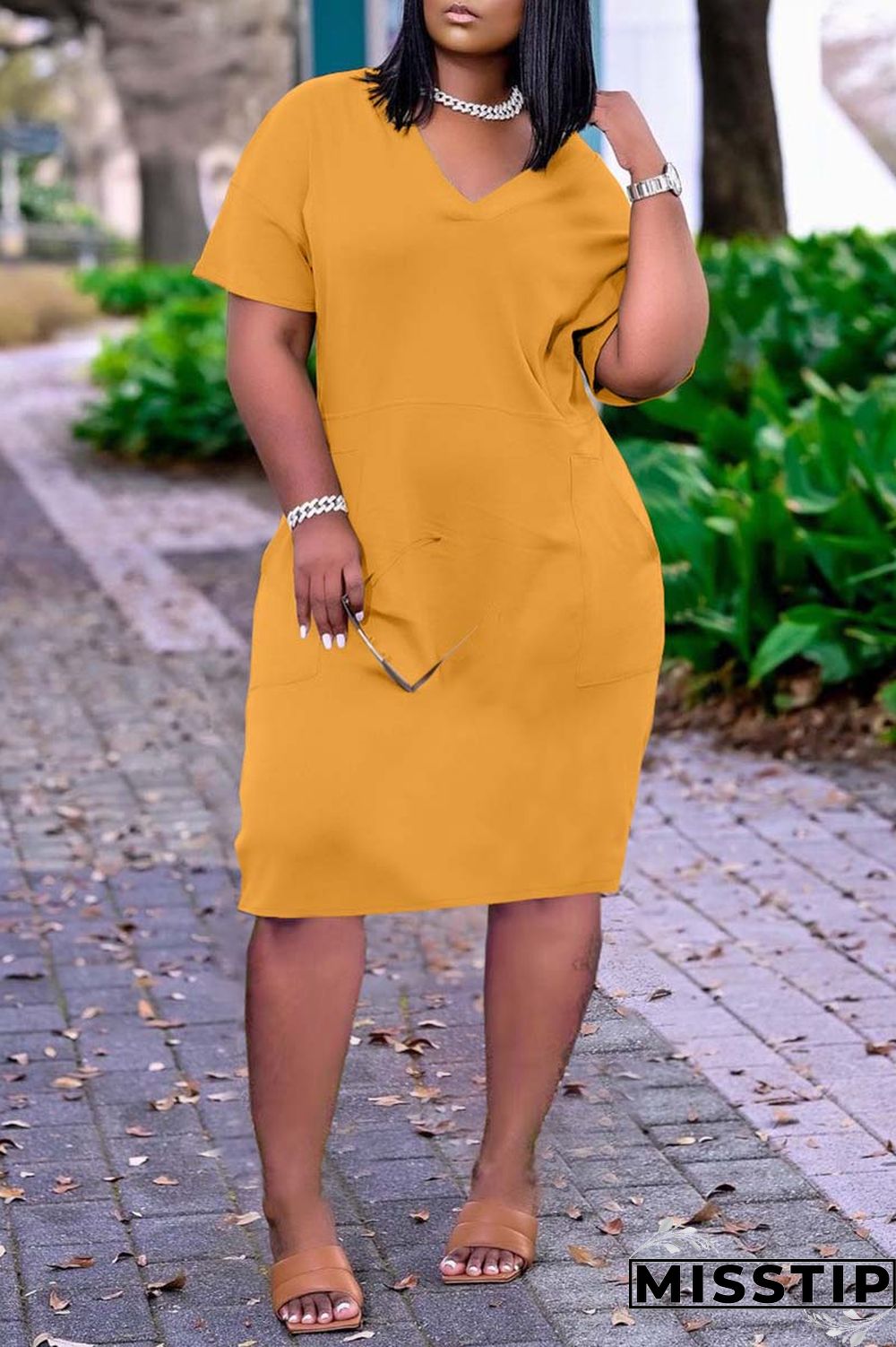 Dark Blue Fashion Casual Solid Basic V Neck Short Sleeve Dress