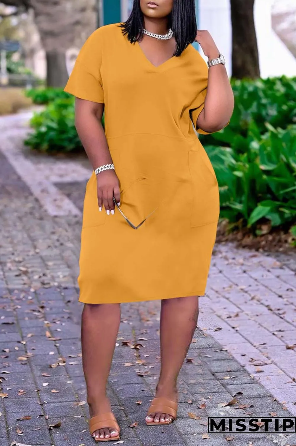 Dark Blue Fashion Casual Solid Basic V Neck Short Sleeve Dress