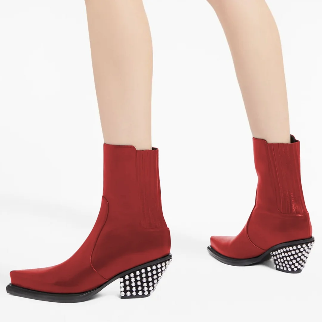 Vegan Leather Rhinestone Red Pointed Toe Cowgirl Boots for Women