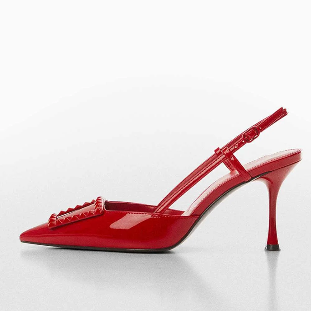 Red Patent Leather Pointed Toe Buckle Fastening Slingback Pumps With Kitten Heels Nicepairs