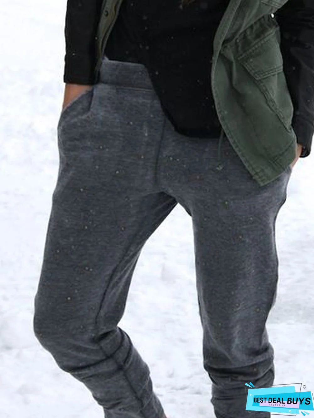 Gray Casual Cotton-Blend Plain Pants