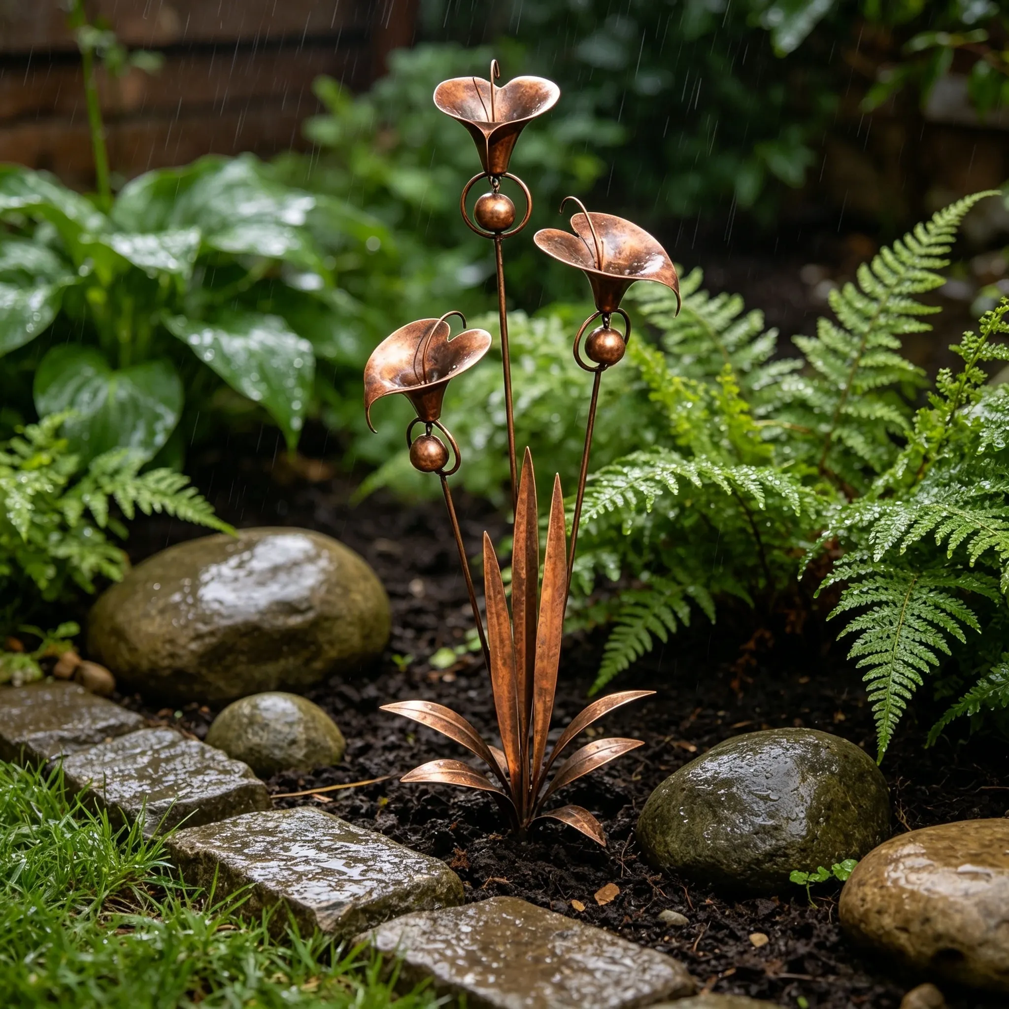 Flamed Copper Three Calla Lilies Garden Stake with Bells, 28" Handcrafted Outdoor Yard Art