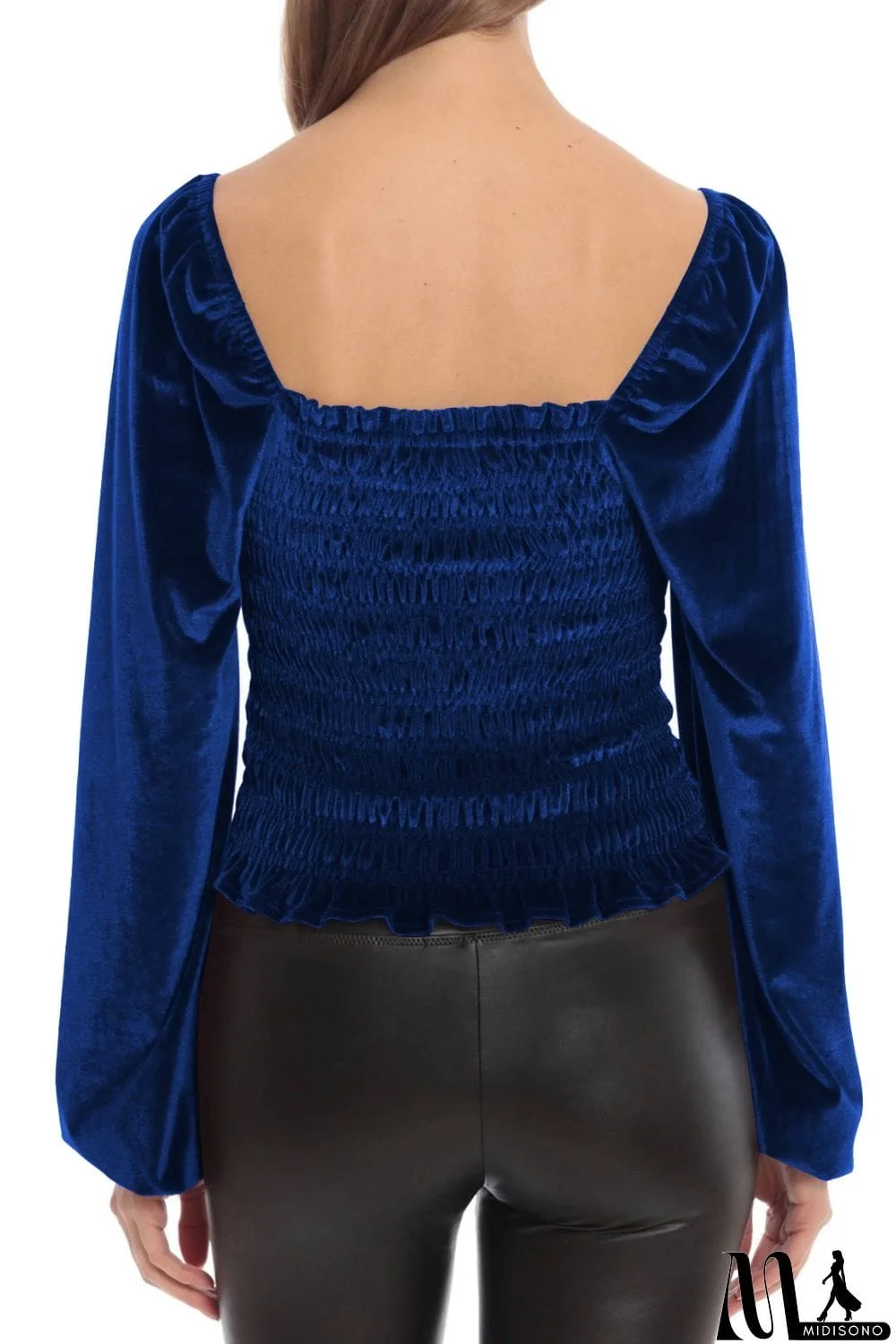 MidiSono - Smocked Square Neck Long Sleeve Blouse
