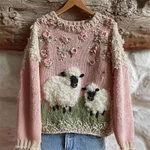 Vintage Sheep Pink Floral Lace Embroidered Cozy Knit Sweater - Image 2