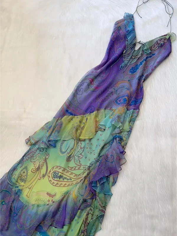 flower printed Gradient Color Splicing Sleeveless Spaghtti-Neck asymmetric ruffled chiffon Maxi Dresses