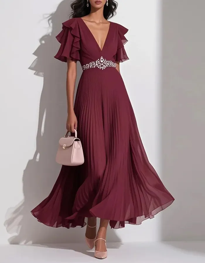 Chiffon Solid Color Lotus Leaf Sleeves Midi Dress – Flower Girl ...