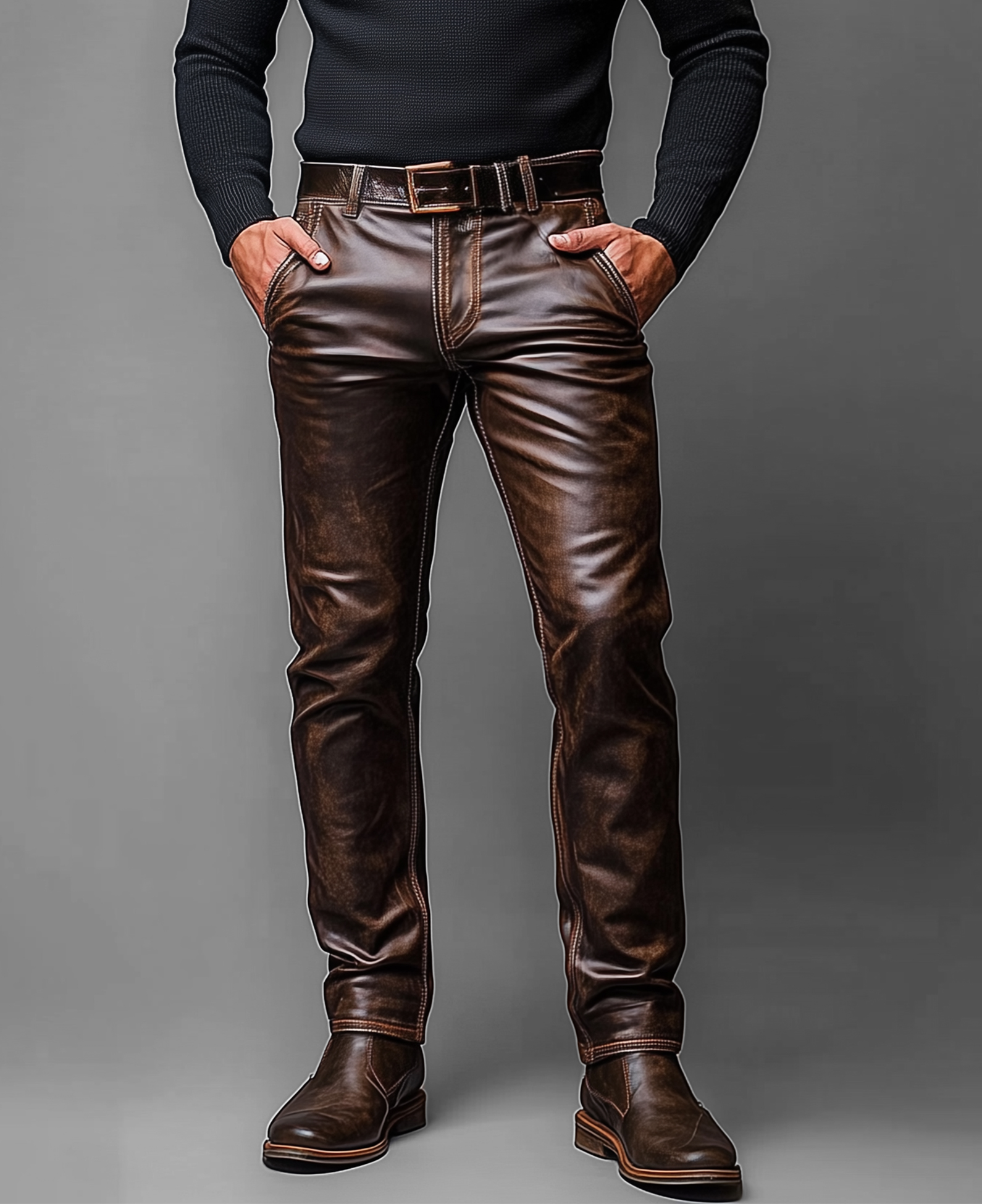 Okaywear Retro PU Leather Pocket Straight Leg Pants