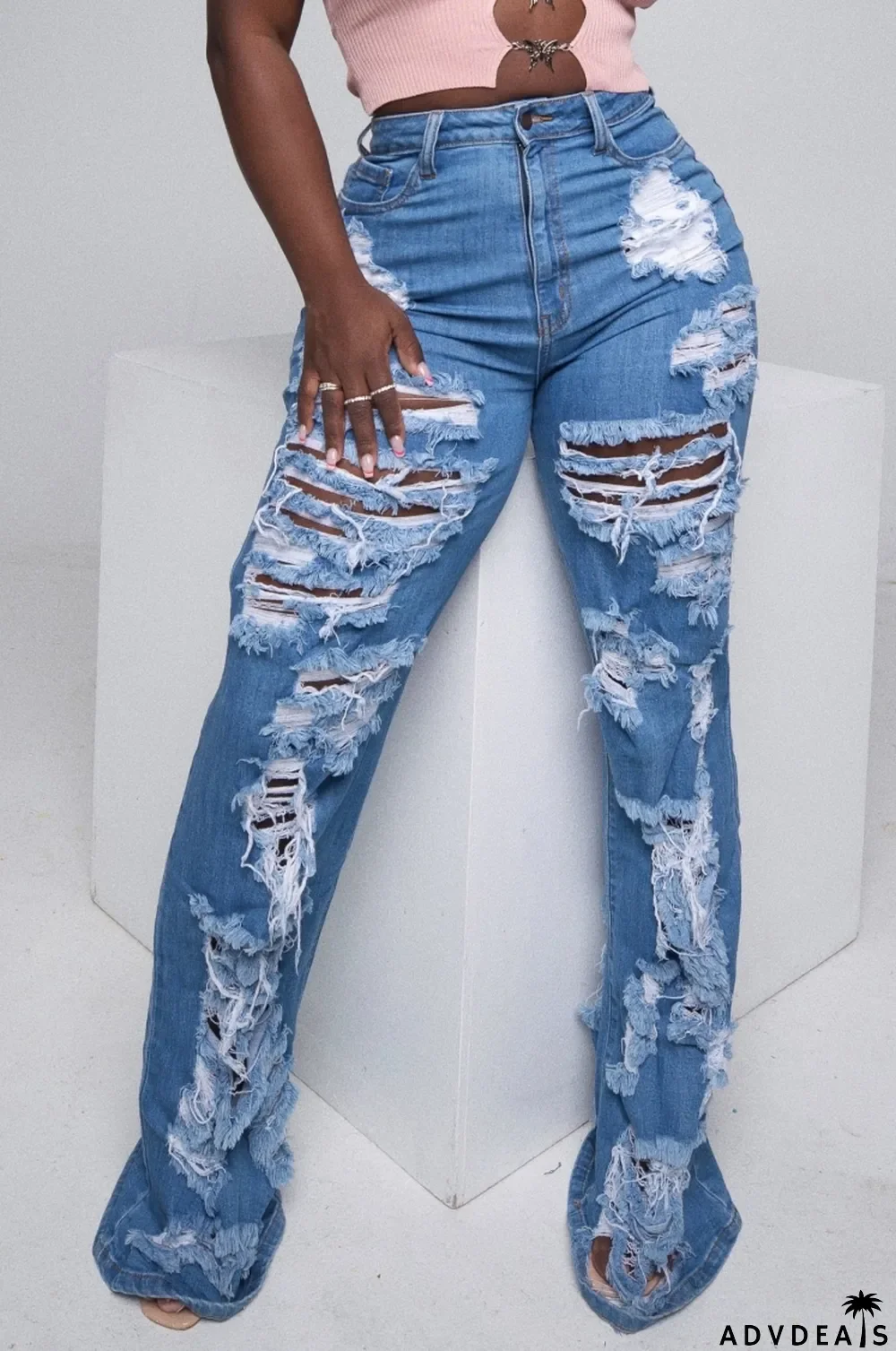 Summer Casual Blue Ripped Damaged High Waist Jeans