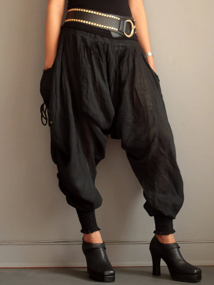 Casual Plain Pocket Loose Ruched Harem Pants