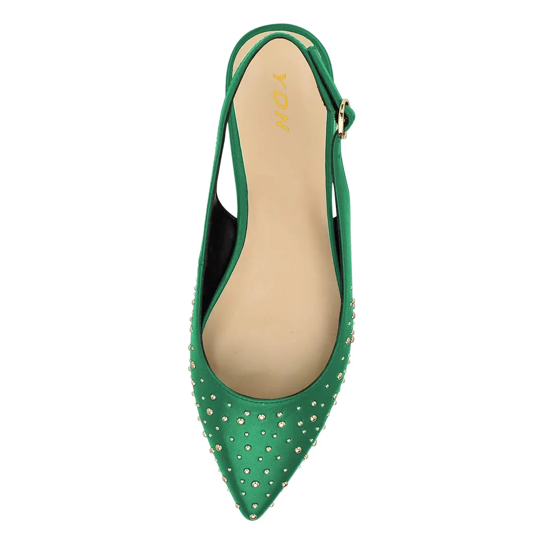YDN Green Pointed Toe Studded Slingback Flat Shoes for Women