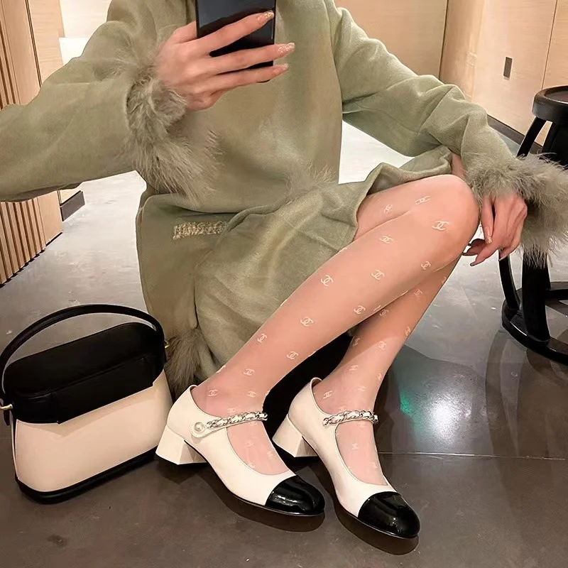 Breakj Breakj New Round Head High Heel Single Shoes JK Sweet Mary Treasure Shoes Coarse Heel Pearl Buckle Large Size Women's Shoes