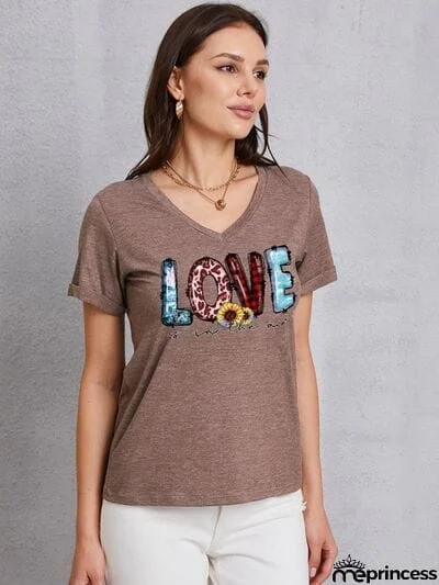 Letter Graphic V-Neck Short Sleeve T-Shirt